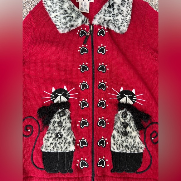 TimberLea Cat Lover Novelty Cardigan Sweater w/detachable faux fur collar size S - Picture 5 of 11